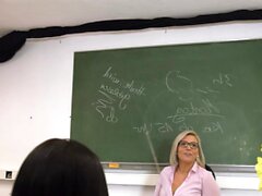 German female Teacher show Teen how to Suck in Threesome