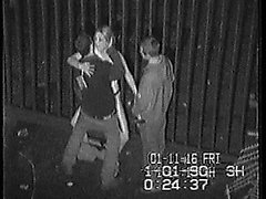 Security cam catches a horny bitch taking on two dudes at n