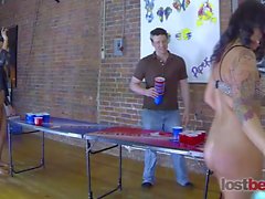 4 Beautiful girls play a game of strip beer pong