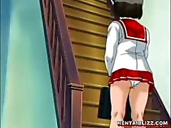 Cute anime coed rubs her hard nipples and gets fucked