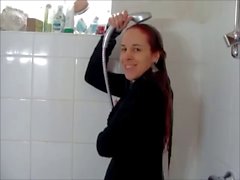 Wetlook pantyhose shower