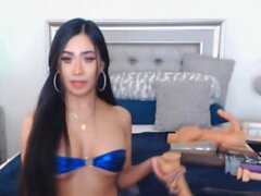 Linda travesti acaricia seu pau na cama