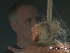 Tied up busty blonde pussy toyed in dungeon