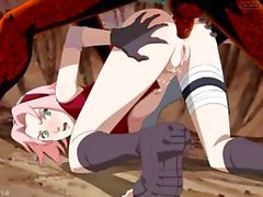 Bebé animado Haruno Sakura encuentra en con las manos y la de rodillas recibiendo un golpe