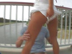 Hot brunette fucks on a top of a bridge - Public sex