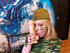 Sweetie fox mastutbating and sucking dildo in military outfit - SOLO